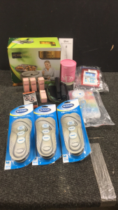 (1) Forabest Electric Lunchbox (1) Qhou Sonic Electric Toothbrush (1) Happy Makers Beading Craft Set (1) Survival Shovel With Compass (4) Rose Gel Nail Polish (10) Universal Waterproof Cell Phone Pouches (1) Grace Farms Hibiscus Orange Herbal tea