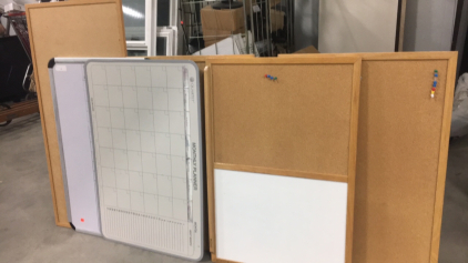 (3) Large Corkboards, (1) Large Whiteboard, (1) Large Calendar Whiteboard, (1) Large 50/50 Cork-Whiteboard