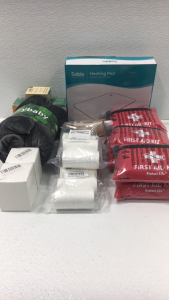 (6) Small First Aid Kits, Heating Pad, (3) Packs of Compressed Towels, Throw Blanket, Bicycle Safety Lights, Bamboo Spot Bandages, Disposable Masks