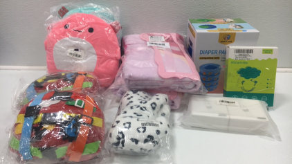 Diaper Genie Refills, Toddler Safety Rope, (2) Pink Baby Blankets, Baby Exhaust Bar, (2) Sensory Toys, (3) Stuffed Animals