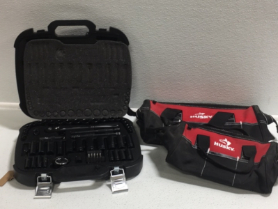 (2) Husky Brand Tool Bags (1) Husky 60-Piece 1/4” and 3/8” Drive Universal Mechanics Tool Set