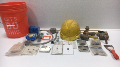 Hard Hat, (4) Various Valves, Sliding Closet Door Hardware, (2)Latch Strike, (6) Light Switch Plates, Wire Connectors, (3) Hinges, (2) Faucet Connectors, Carpet Trim, Bucket and more