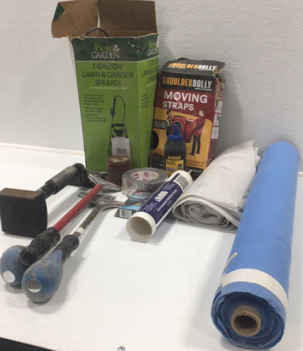 Plastic Sheeting, Moving Straps, Garden Sprayer, Detailing Sand Block, (3) Long Scrapers, Carpet Pusher, Blue Chalk, and more