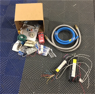 (1) Box of random hardware (2) Hoses for gas and water (2) Ballast