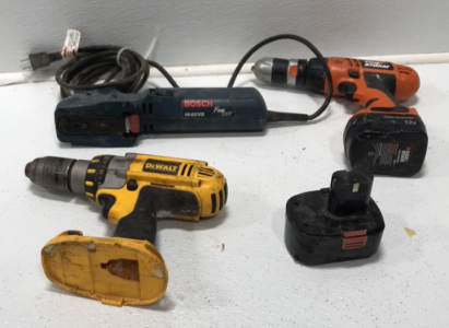 (1) Bosch 1640vs Finecut Power Handsaw (1) Black & Decker Fire Storm 12v Drill w/ 12v Battery (1) Dewalt 1/2” Cordless Drill (1) Skil 12v Battery