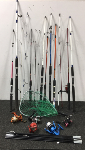 9 Fishing Poles, 6 Reels, Tent Pokes, Fishing Net