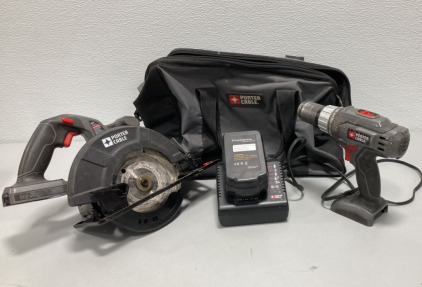 Porter Cable 18V Battery Powered Skillsaw, Drill, and Battery W/ Charger And Bag