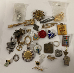 Assorted Pendants, Brooches, Tie Clips And More