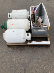 Propane Tanks and Cooler with Assorted Items