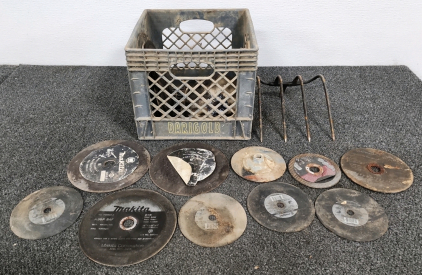 Crate Of Assorted Grinding Wheels & Pitchfork Head