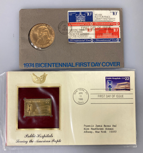 1974 Bicentennial Coin and First Day of Issue Gold Plated Stamp