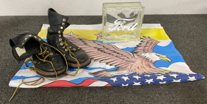 USA Flag, Ford Glass Decor and Pair of Size 9.5 Boots