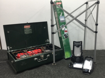 &lsquo;Coleman&rsquo; grill, stand and (4) piece lantern