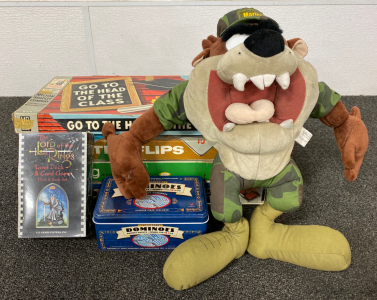 Assorted Vintage Board Games and A Stuffed Tasmanian Devil