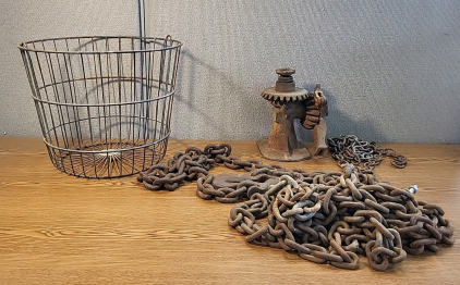 Wire Basket with (3) Chain and (1) Vintage Bottle Jack