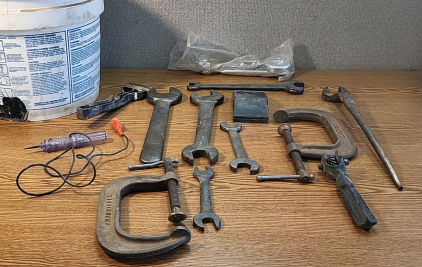 Bucket of Assorted Wrenches, C-Clamps, Continuity Tester, and More