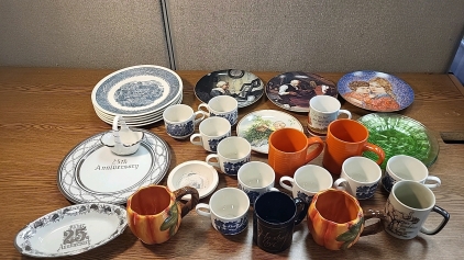 Box of Assorted China, Collectors Plates, Coffee Mugs and More