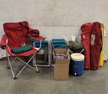 Lot of Camping Chairs, Hotdog Cooking Prongs, Water Cooler and More