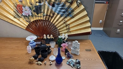 Assorted Home Decor, Wall Fan Display, Urns, Small Cat Fugures and More