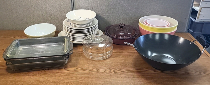 Assortment of Plates, Kitchen Utensils, Glass Pans and More