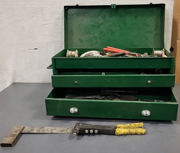 Tool Box of Assorted Tools, Rivet Pliers, Carpenters Square, Wrenches and More