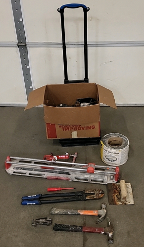 Plastic Box Moving Cart with Assortment of Hammers, Pliers, Tile Cutter, Gerber Multi-tool and More