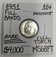 1951 MS68FT Rare Full Bands Silver Dime