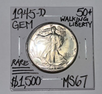 1945-D MS67 Rare Walking Liberty Half Dollar