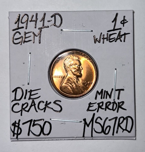 1941-D Rare MS67RD Mint Error Wheat Penny