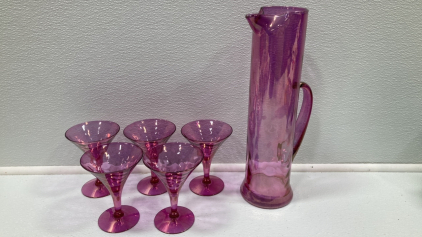 Pink Glass Pitcher and (5) Drink Glasses