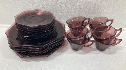 Glass Purple Dish and Tea Cup Set - 24pc Set