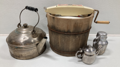 Vintage Items: Manual Ice Cream Maker, Pot w/ Spout, (2) Cream Servers