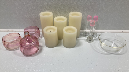 (5) Flameless Candles, Pyrex Dish, (3) Light Up Glass Roses, (3) Pink Glass Jars w/ 1 Lid