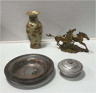 (1) Silver Plater (1) Silver Bowl w/ Lid (1) Brass Horse Figurine (1) Butterfly Vase