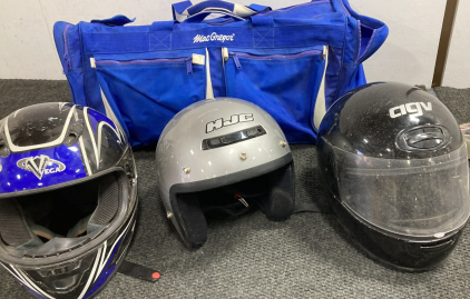 (3) Motorcycle Helmets and Duffel Bag