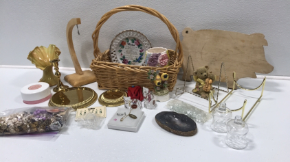 Basket, Wood Pig, Ceramic Vase, Candle Stick, (2) Candle Platforms, Crystal Cat Salt/Pepper Shakers, Bird Music Box, Various Costume Jewelry, and more