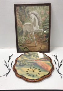 Pegasus Wood Clock, Framed Unicorn Print, (2) Metal Wheat Decor