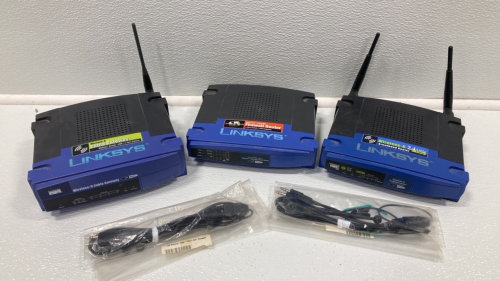 (3) Linksys Routers, Various Cables