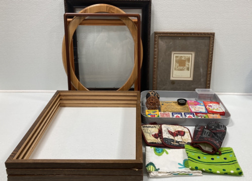 (8) Frames w/o Glass or Backs, Framed Simple Gold Art, Plastic Tray, Cards and Kids Learning Games, Pot Holder and Oven Mitt, and more