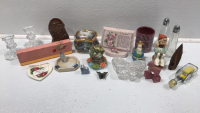 Various Trinkets and Knick Knacks, (2) Candle Sticks, Salt/Pepper Shakers