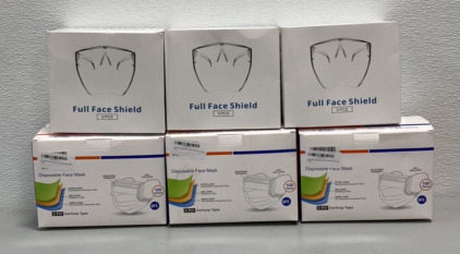 (3) Packs of 100 Disposable Face Masks, (3) Packs of 3 pc Full Face Shields