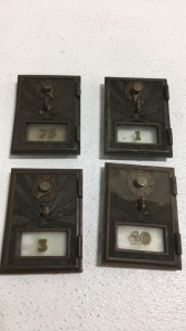 (4) Vintage Brass Post Office Box Doors With Glass And Numbers