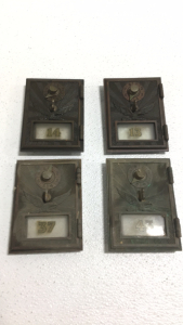 (4) Vintage Brass Post Office Box Doors With Glass And Numbers