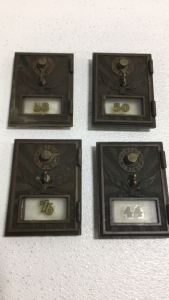 (4) Vintage Brass Post Office Box Doors With Glass And Numbers