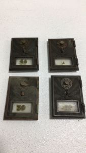 (4) Vintage Brass Post Office Box Doors With Glass And Numbers