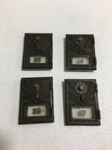 (4) Vintage Brass Post Office Box Doors With Glass And Numbers