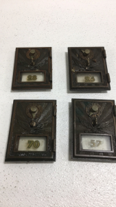 (4) Vintage Brass Post Office Box Doors With Glass And Numbers