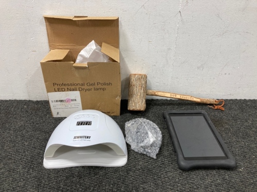 Amazon Fire Tablet, Nail Dryer, and Mallet