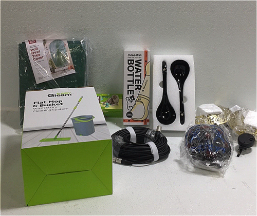 (1) Gls Audio 100’ Microphone Cable (1) Purge LED Mask (2) artena Ceramic Ladels (1) Pull over Tree Cover (1) Easygleam Flat Mop and Bucket (2) Moon Outdoor Solar Lights (1) Windmill Cats Toy (1) Mewoofun Pet Water Bottle