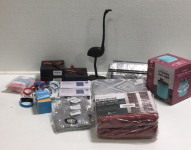 (2) Boston Blackout 52&rdquo;x 84&rdquo; Blackout Curtains (1) Seavish 2&rsquo; x 4.3&rsquo; Area Rug (2) Shower Caddies (1) Teal Stainless Steel Utensil Holder (1) 18&rdquo; Metal Flamingo Paper Holder (2) Kids LED Light Gray Beanies and More
